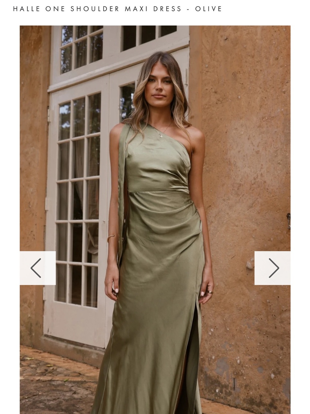 One-Shoulder Satin Maxi Dress in Olive